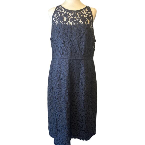 J. Crew Pamela Dress Leavers Lace Blue Size 16 Illusion Neckline Back Keyhole - Picture 1 of 8